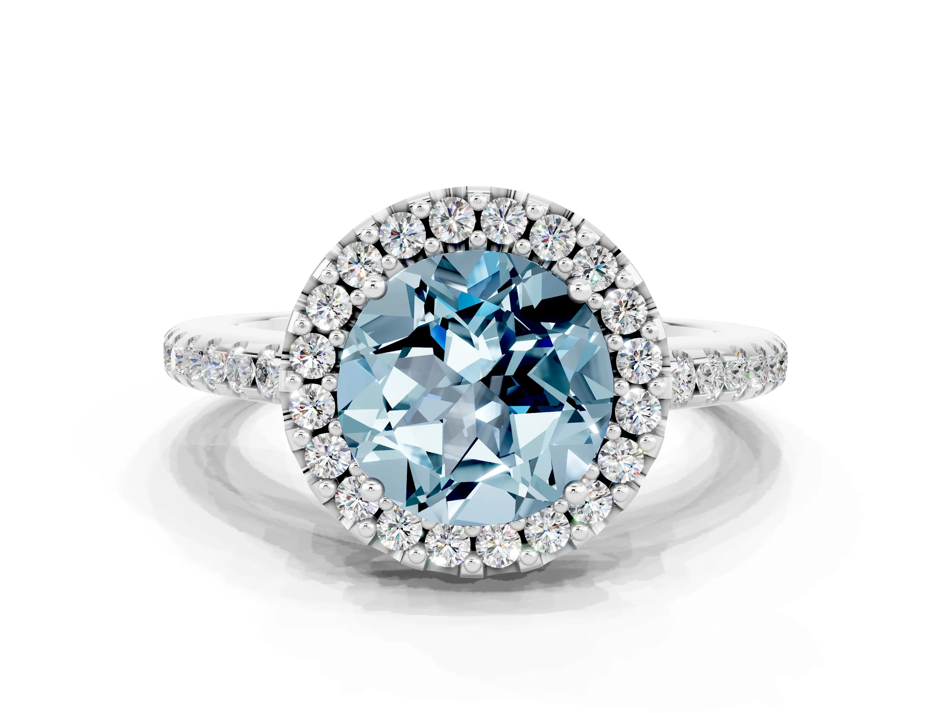 White gold Round Cut Aquamarine Pavé Halo Ring with Four-Prong Setting_12