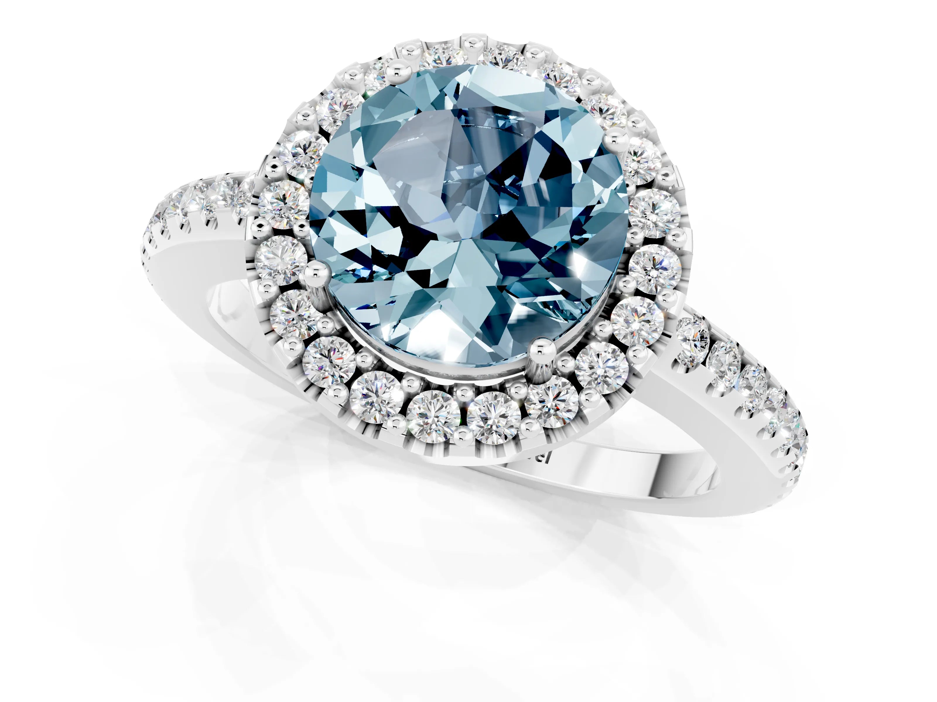 White gold Round Cut Aquamarine Pavé Halo Ring with Four-Prong Setting_13