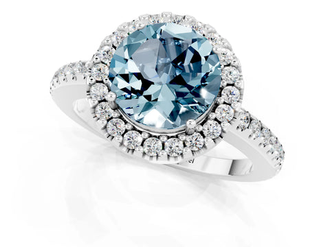 White gold Round Cut Aquamarine Pavé Halo Ring with Four-Prong Setting_13