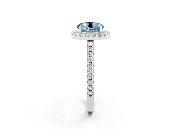 Platinum Round Cut Aquamarine Pavé Halo Ring with Four-Prong Setting