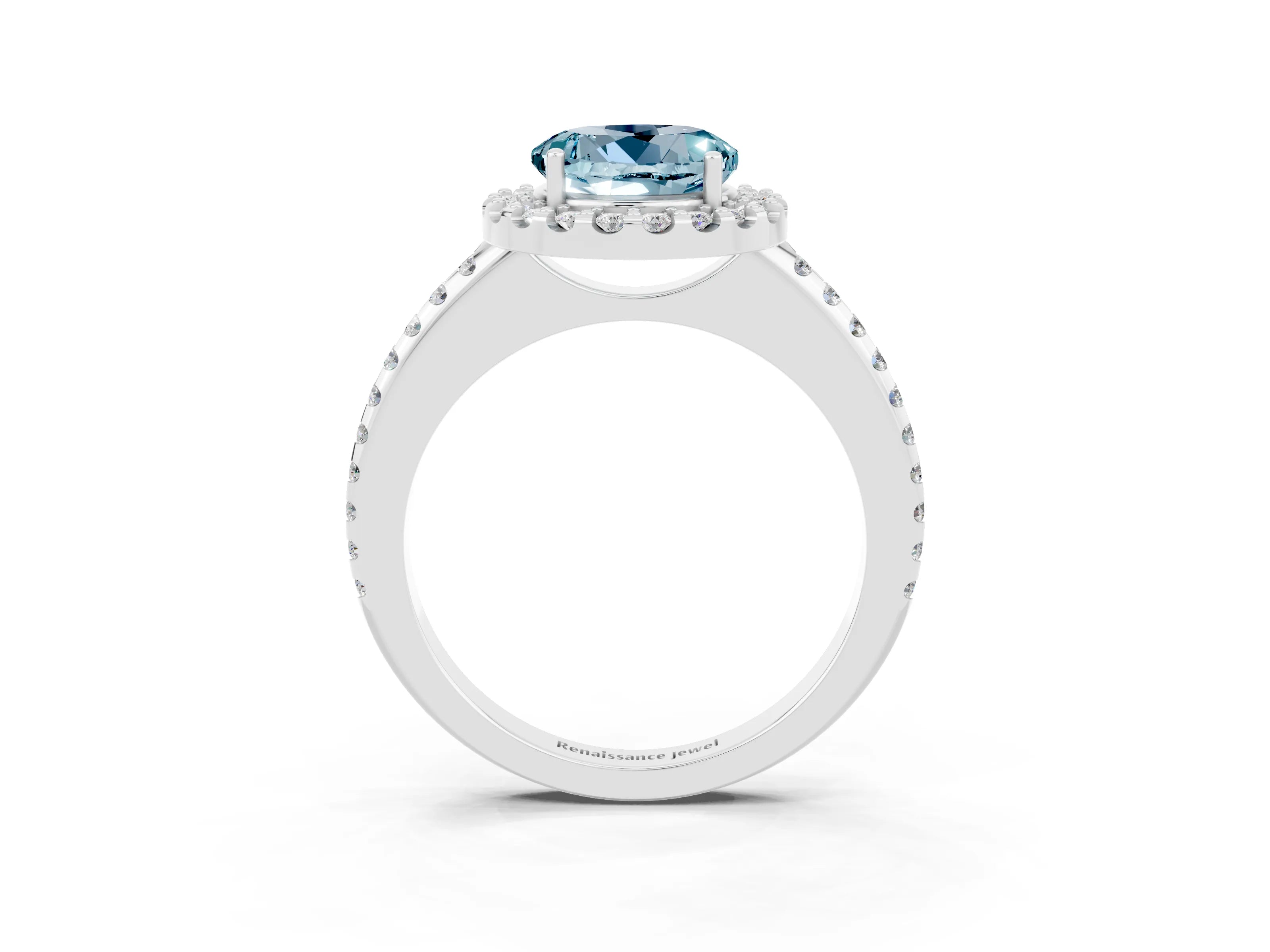 White gold Round Cut Aquamarine Pavé Halo Ring with Four-Prong Setting_15
