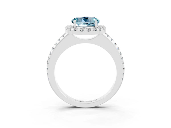 White gold Round Cut Aquamarine Pavé Halo Ring with Four-Prong Setting