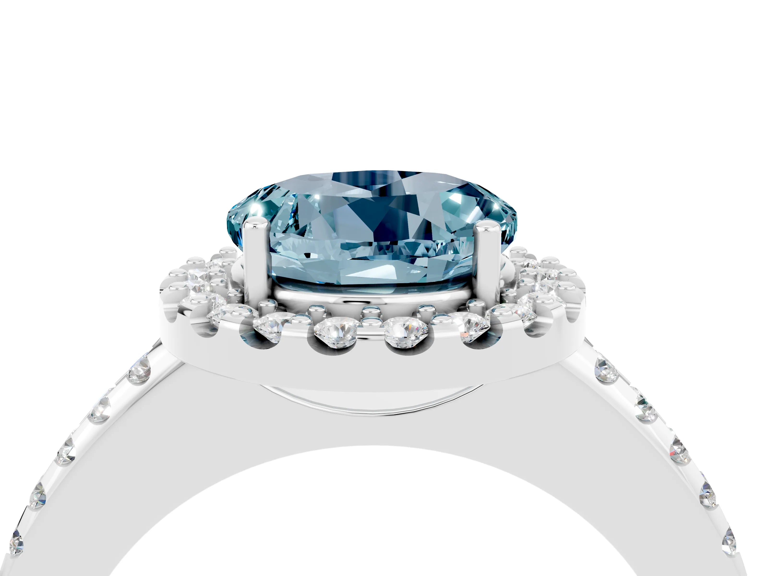White gold Round Cut Aquamarine Pavé Halo Ring with Four-Prong Setting_16