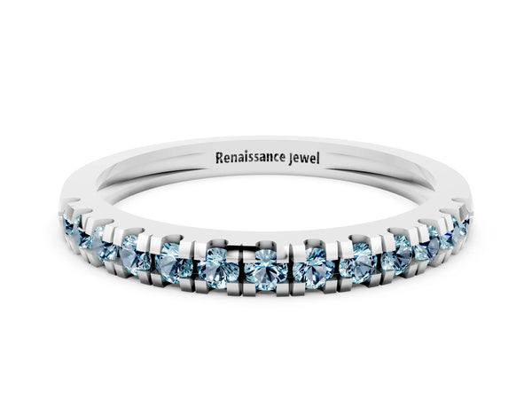 White Gold Round Aquamarine Thin Pave Half Eternity Wedding Band