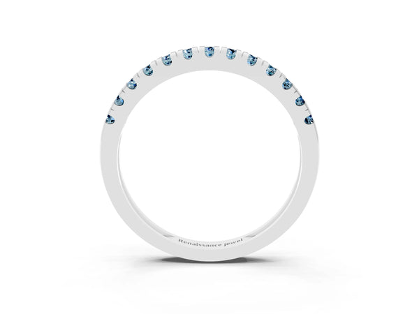 White Gold Round Aquamarine Thin Pave Half Eternity Wedding Band