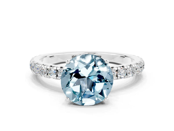 Platinum Round Cut Aquamarine Pavé Solitaire Engagement Ring with Four-Prong Setting