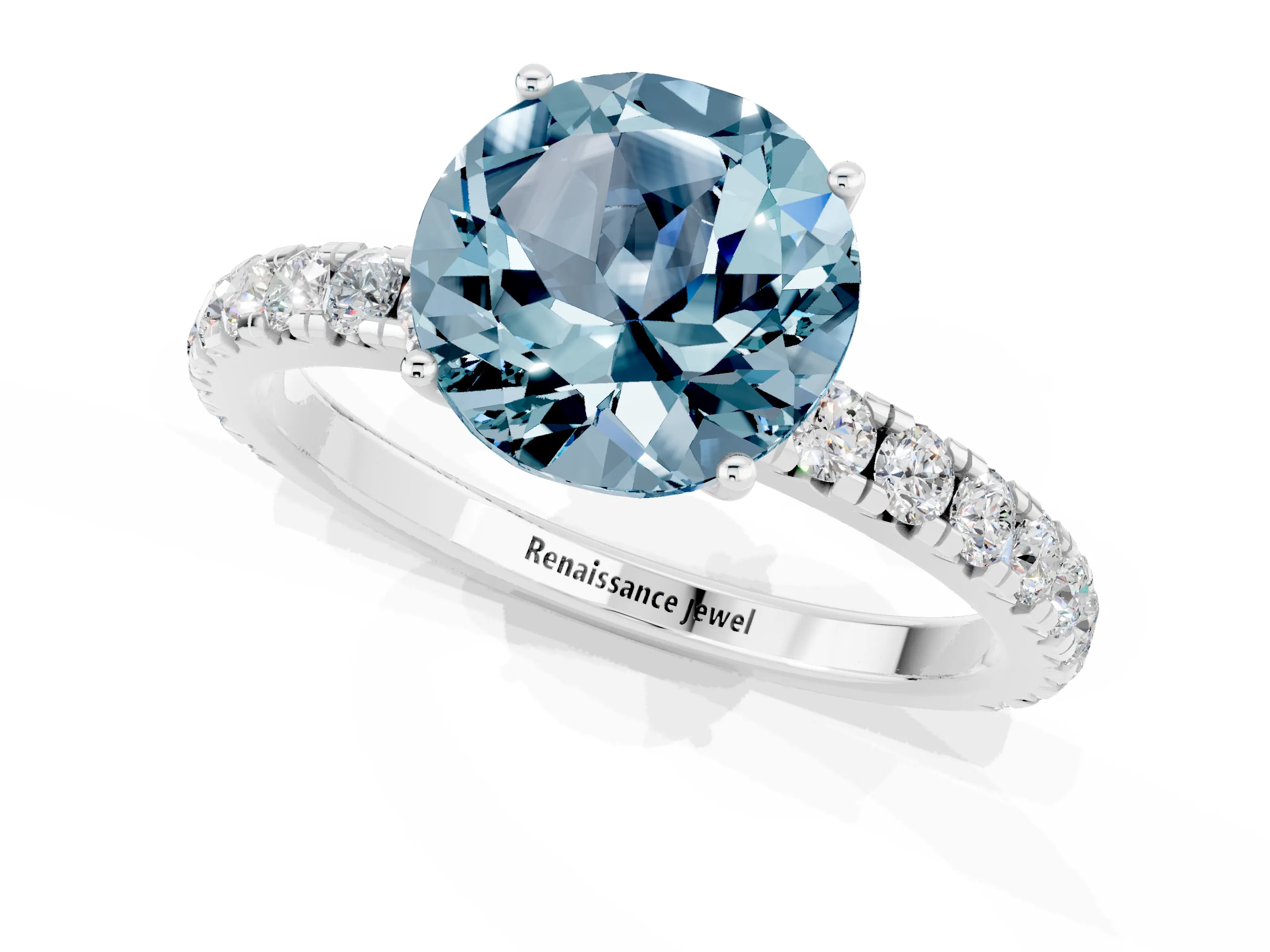 White gold Round Cut Aquamarine Pavé Solitaire Engagement Ring with Four-Prong Setting_13