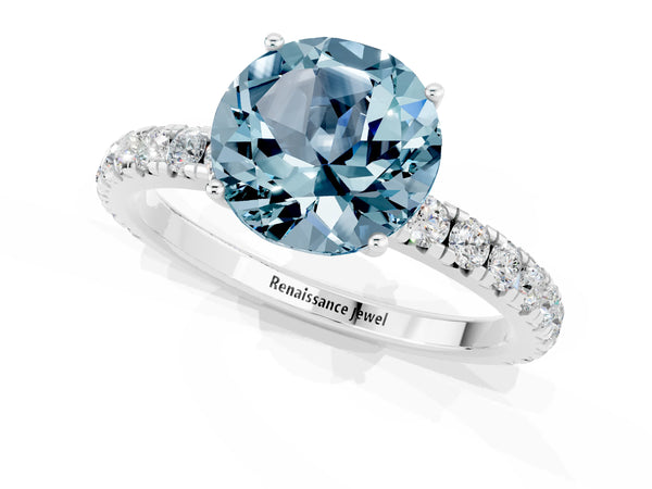 White gold Round Cut Aquamarine Pavé Solitaire Engagement Ring with Four-Prong Setting