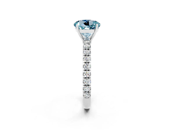 Silver Round Cut Aquamarine Pavé Solitaire Engagement Ring with Four-Prong Setting