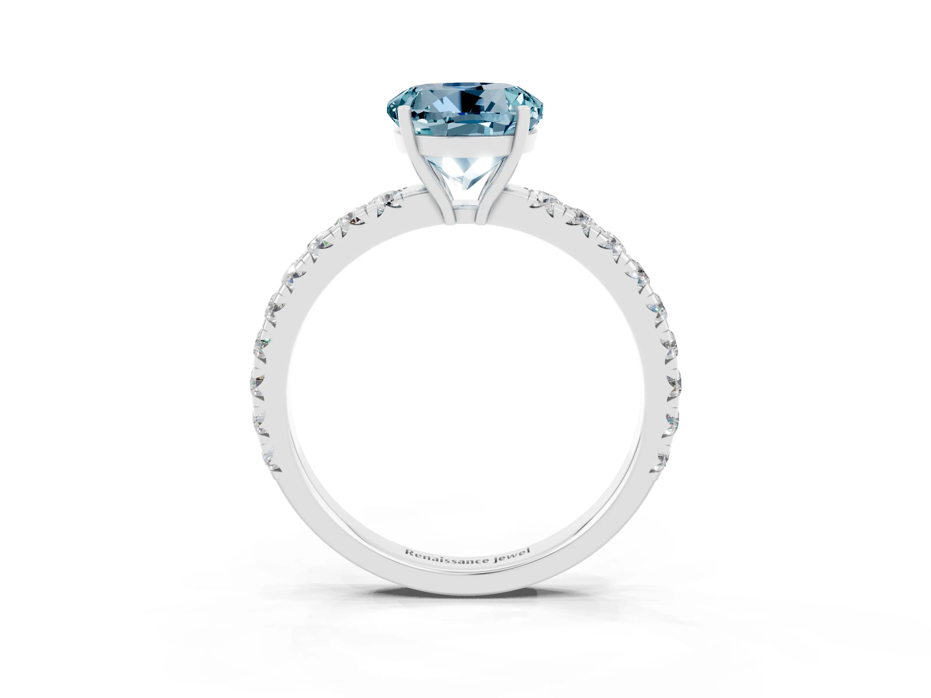 White gold Round Cut Aquamarine Pavé Solitaire Engagement Ring with Four-Prong Setting_15