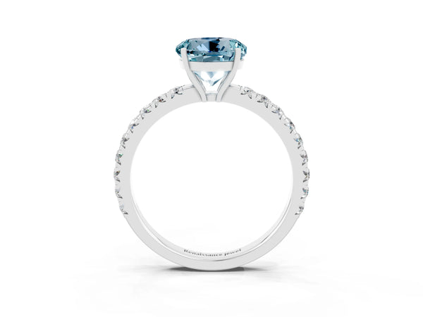 Platinum Round Cut Aquamarine Pavé Solitaire Engagement Ring with Four-Prong Setting