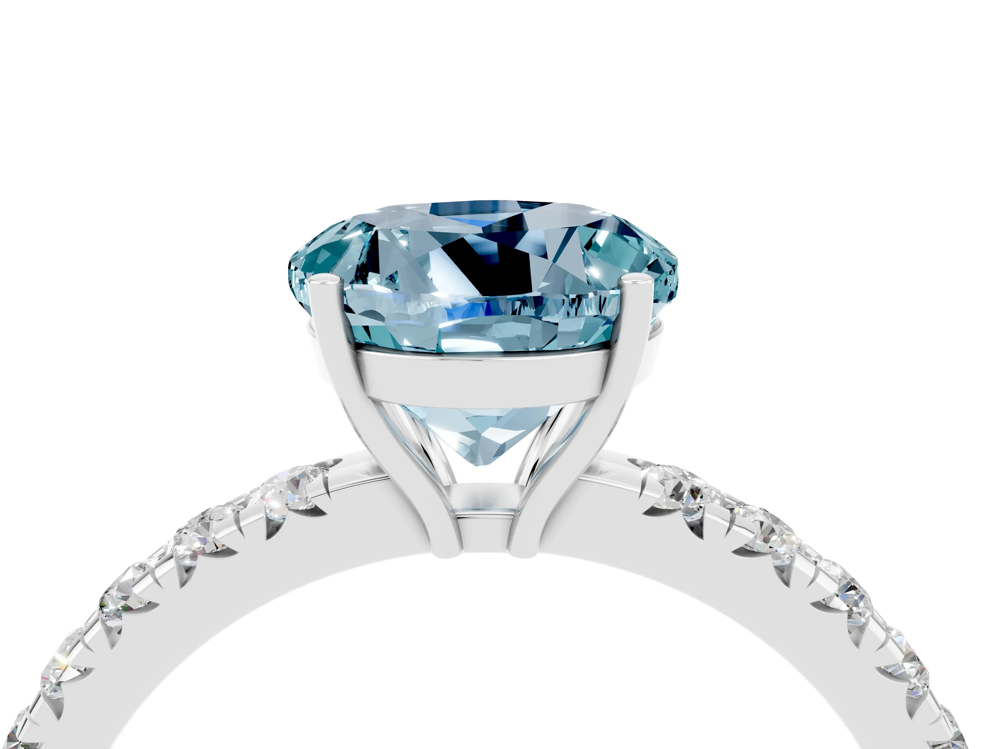 White gold Round Cut Aquamarine Pavé Solitaire Engagement Ring with Four-Prong Setting_16