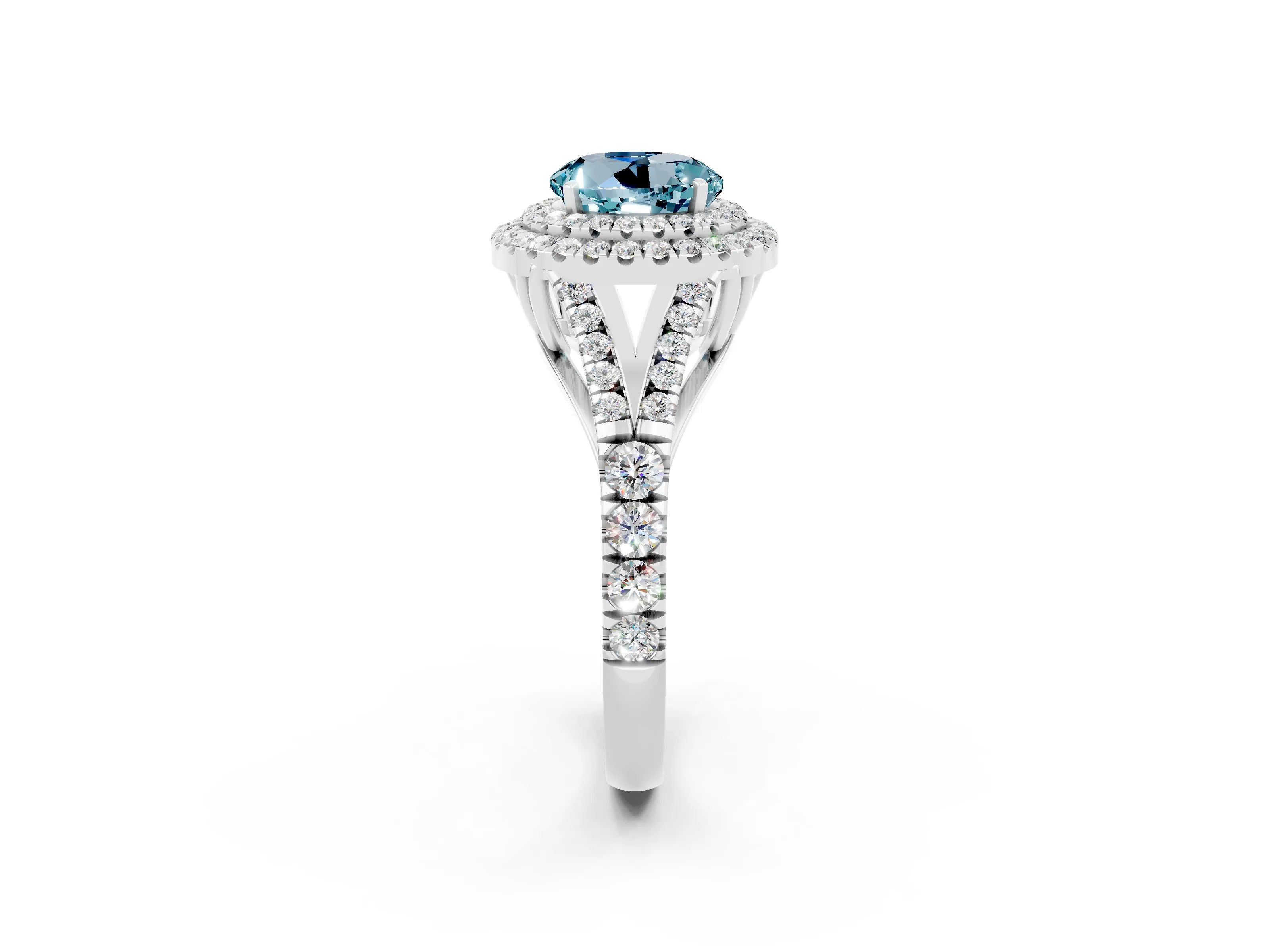 White gold Round Cut Aquamarine Pavé Split Shank Double Halo Engagement Ring_2