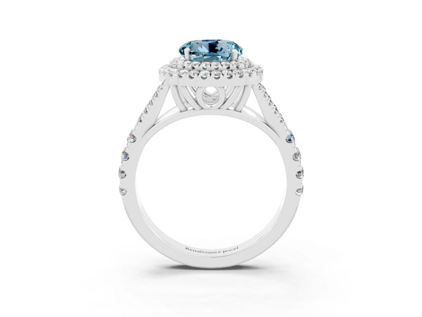 Platinum Round Cut Aquamarine Pavé Split Shank Double Halo Engagement Ring