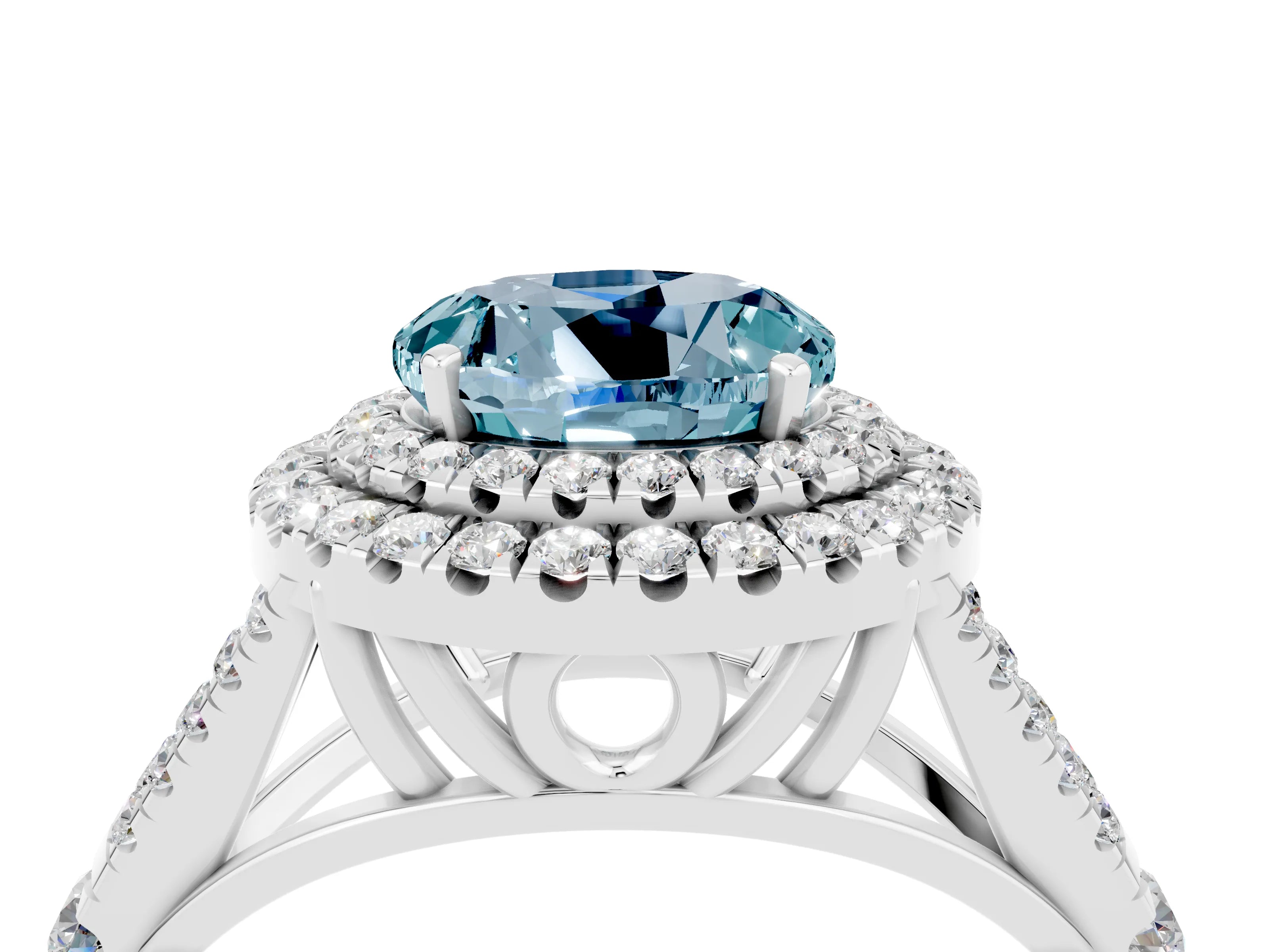 White gold Round Cut Aquamarine Pavé Split Shank Double Halo Engagement Ring_4