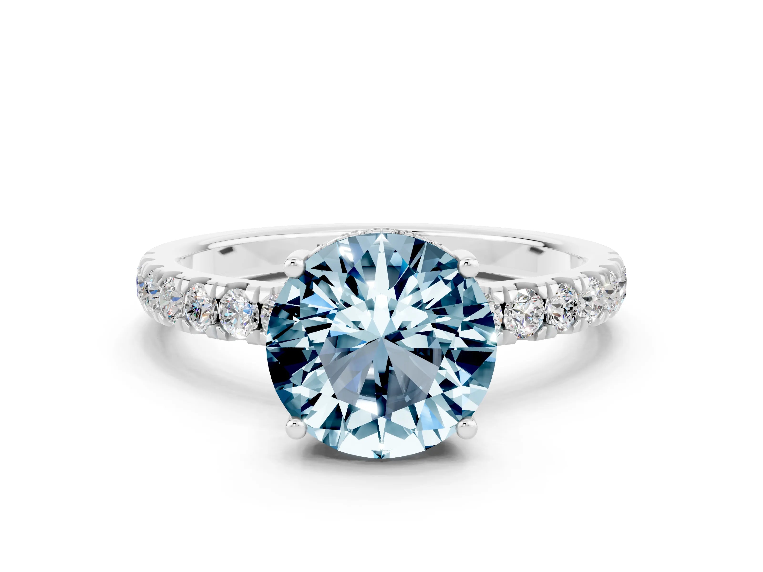 White gold Round Cut Aquamarine Pave Band Solitaire Ring with Four-Prong Setting_24