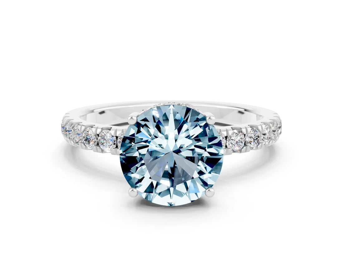 White gold Round Cut Aquamarine Pave Band Solitaire Ring with Four-Prong Setting_24