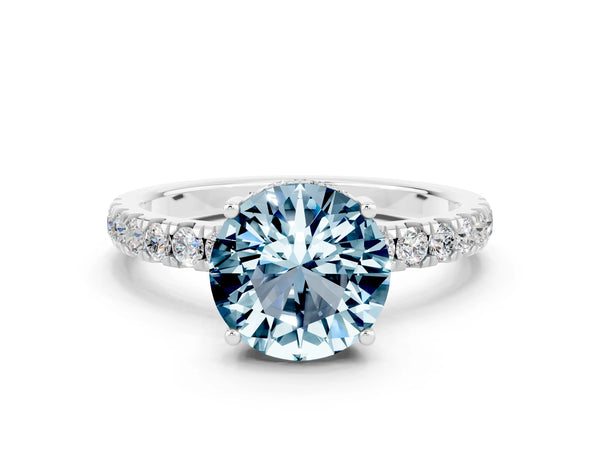 Silver Round Cut Aquamarine Pave Band Solitaire Ring with Round  and Prong Setting
