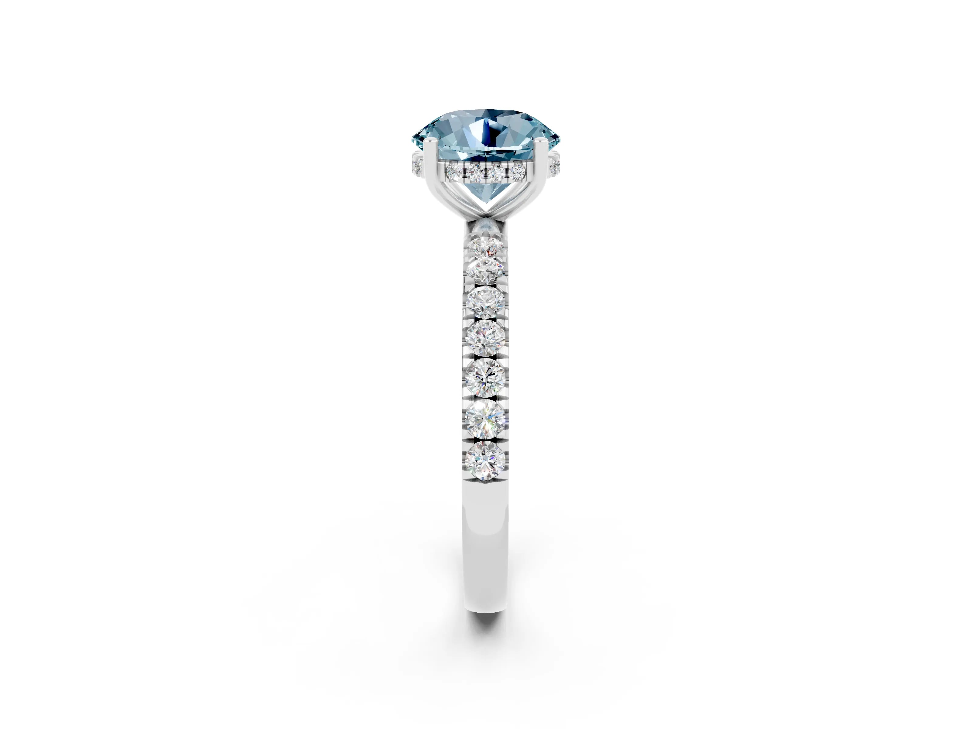 White gold Round Cut Aquamarine Pave Band Solitaire Ring with Four-Prong Setting_26