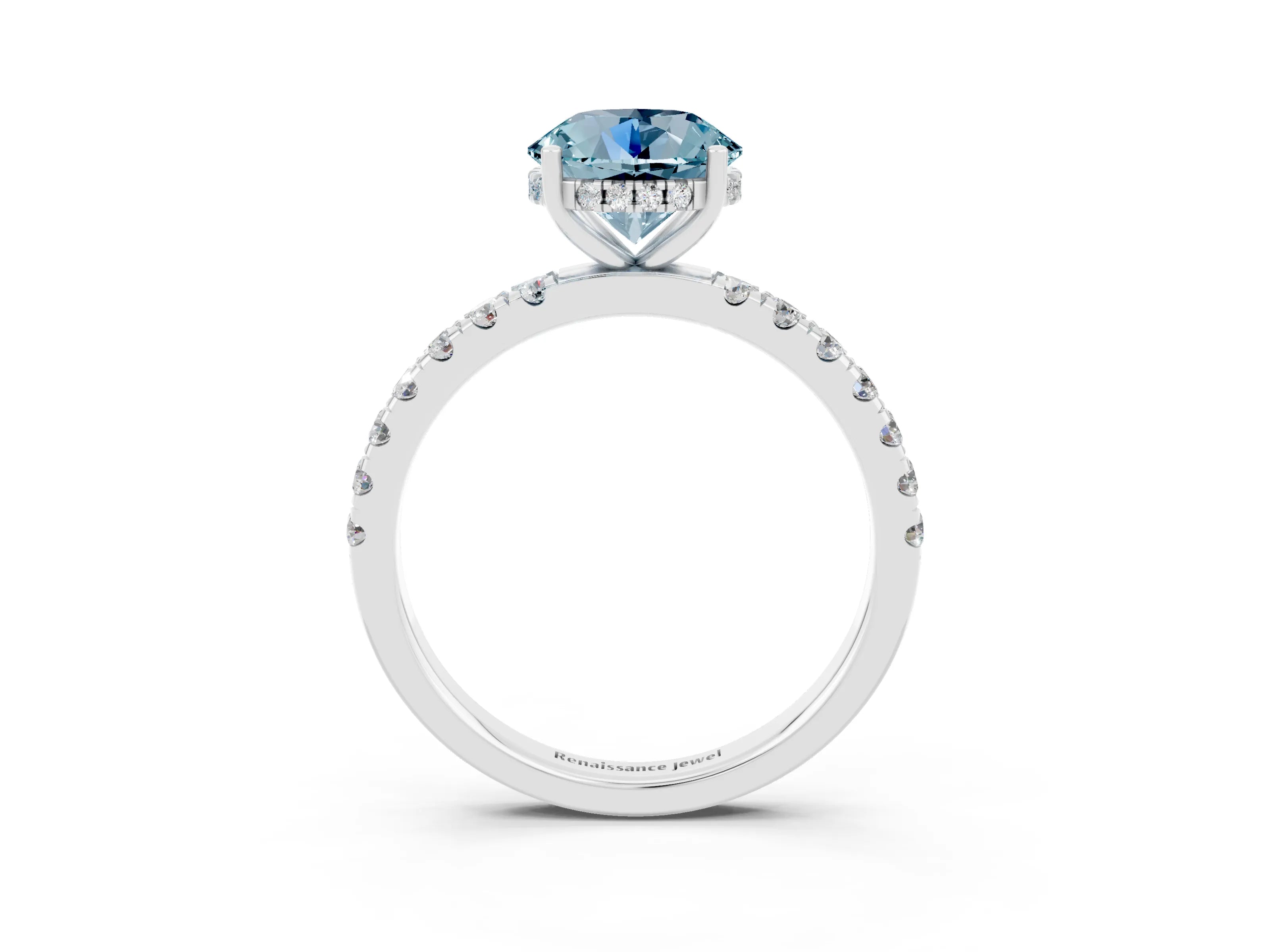 White gold Round Cut Aquamarine Pave Band Solitaire Ring with Four-Prong Setting_27