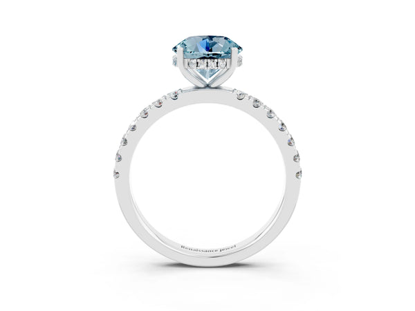 White gold Round Cut Aquamarine Pave Band Solitaire Ring with Round  and Prong Setting