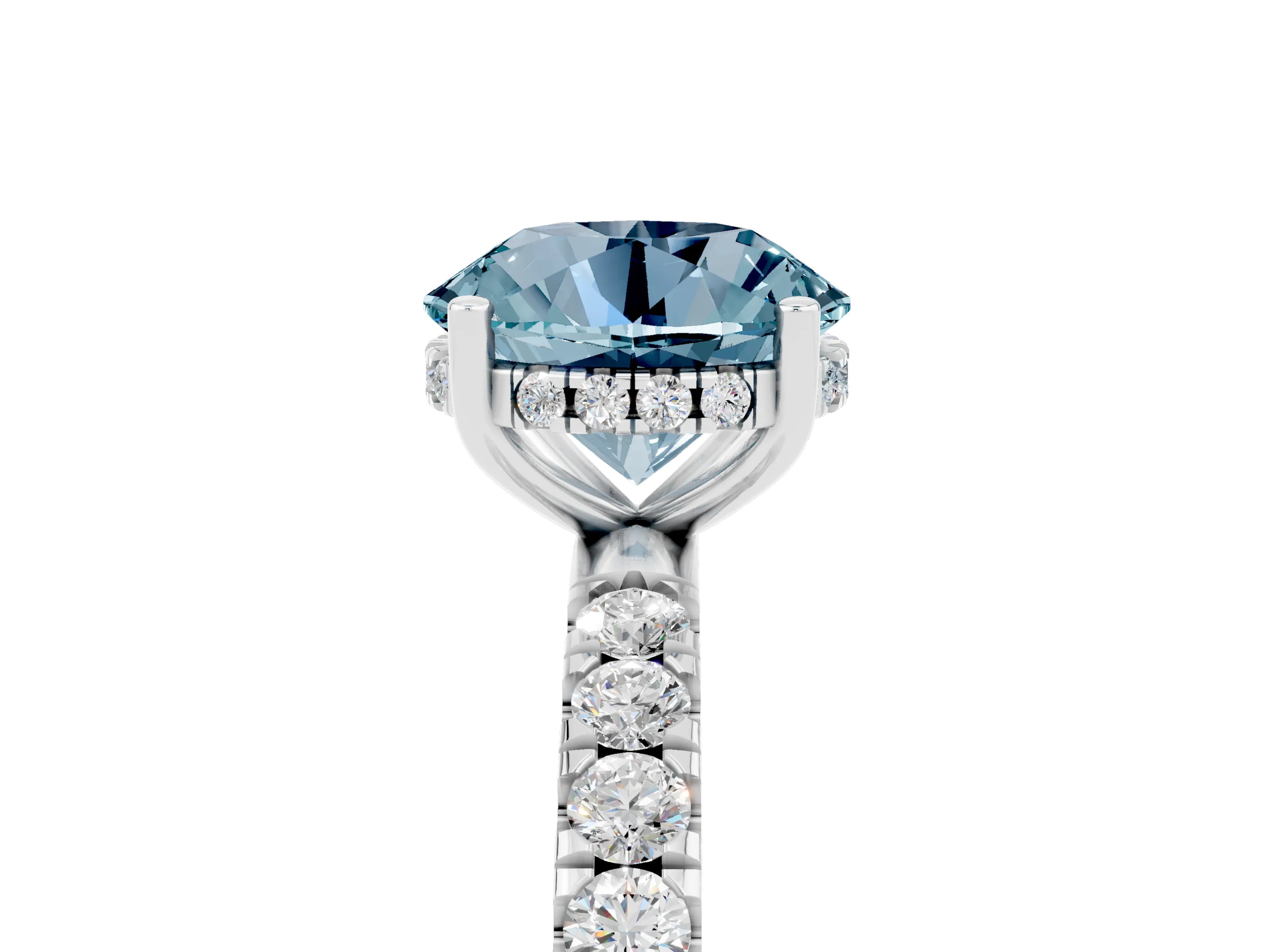 White gold Round Cut Aquamarine Pave Band Solitaire Ring with Four-Prong Setting_29