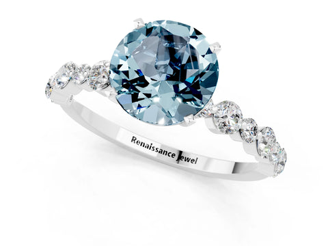 White gold Round Cut Aquamarine Prong Set Engagement Ring with Pavé Band_1