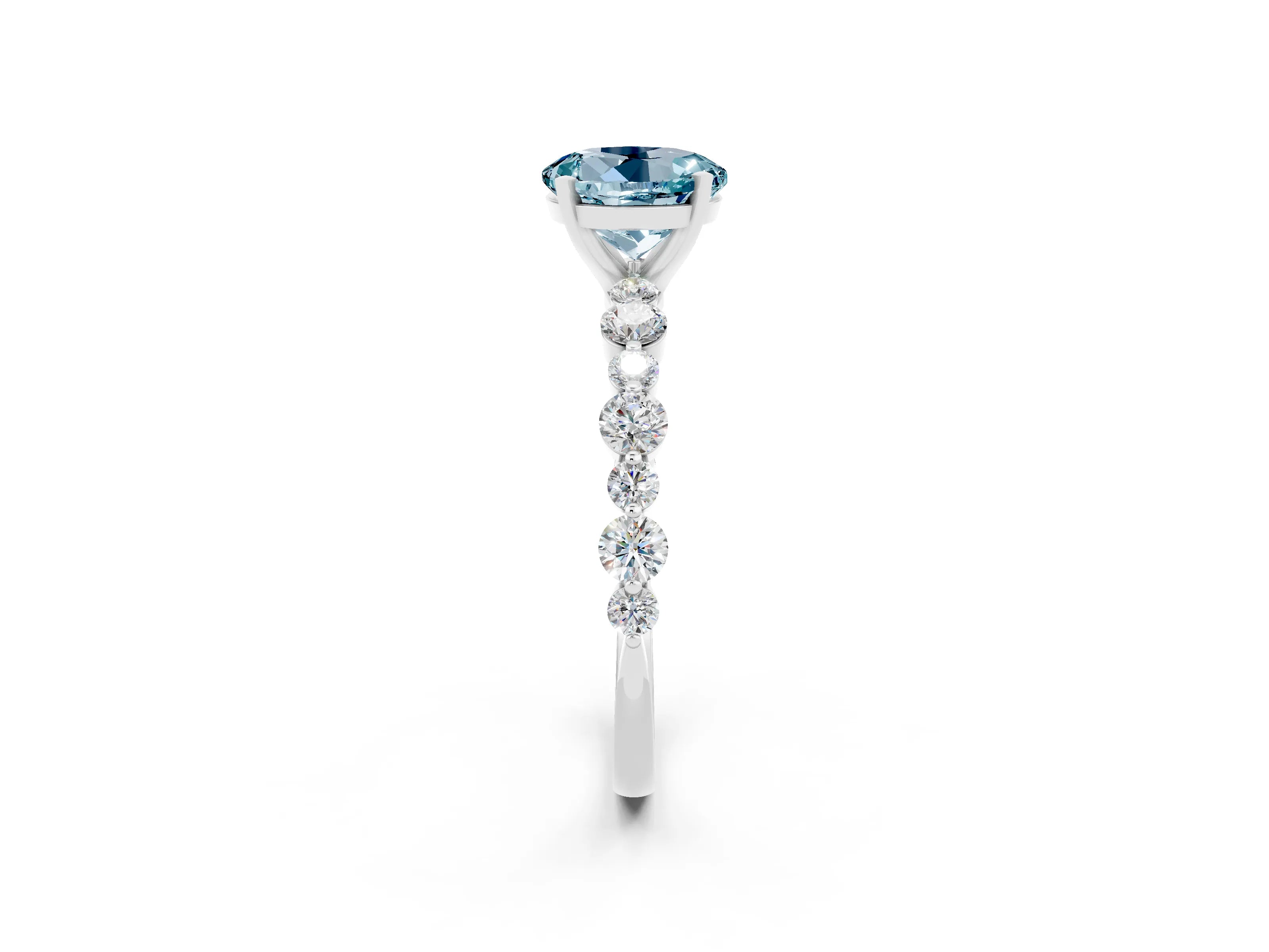 White gold Round Cut Aquamarine Prong Set Engagement Ring with Pavé Band_2