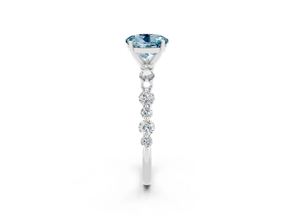 Platinum Round Cut Aquamarine Prong Set Engagement Ring with Pavé Band