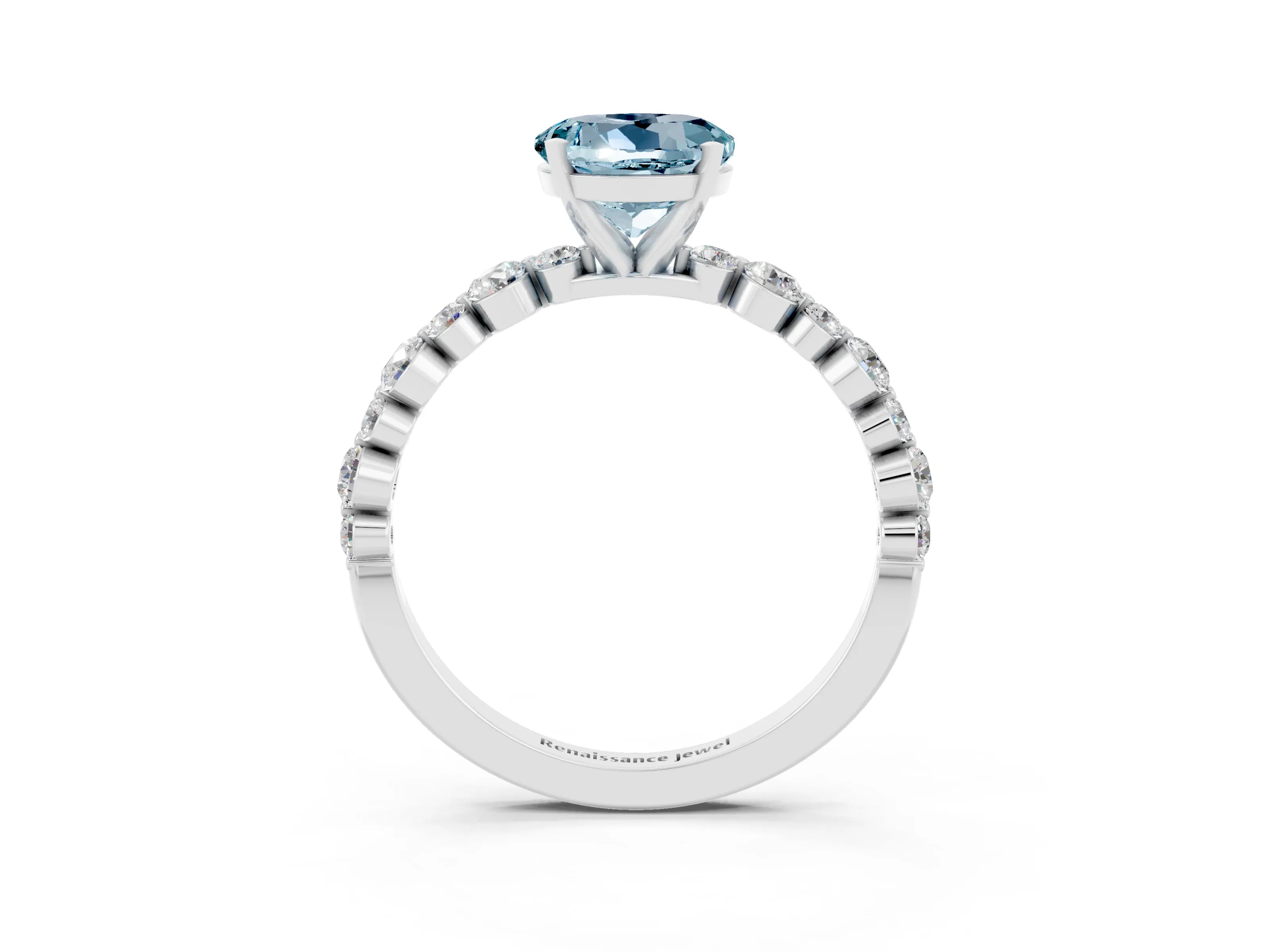 White gold Round Cut Aquamarine Prong Set Engagement Ring with Pavé Band_3