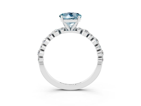 Silver Round Cut Aquamarine Prong Set Engagement Ring with Pavé Band