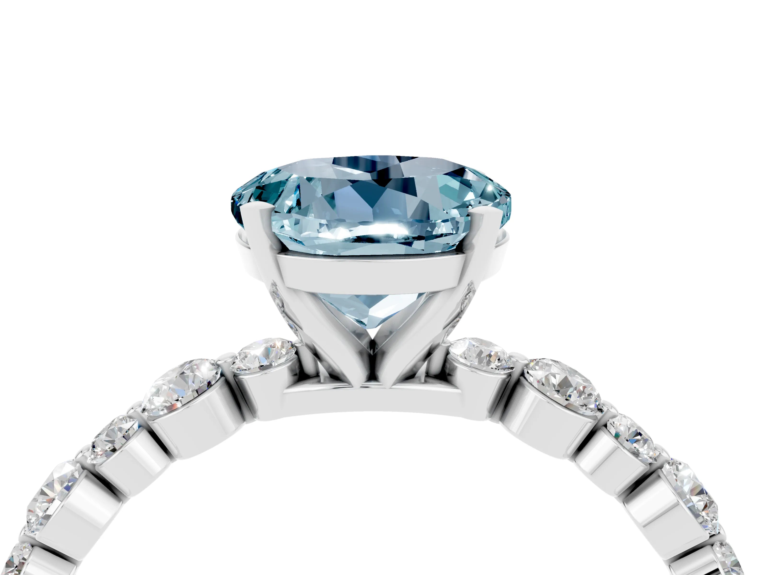 White gold Round Cut Aquamarine Prong Set Engagement Ring with Pavé Band_4