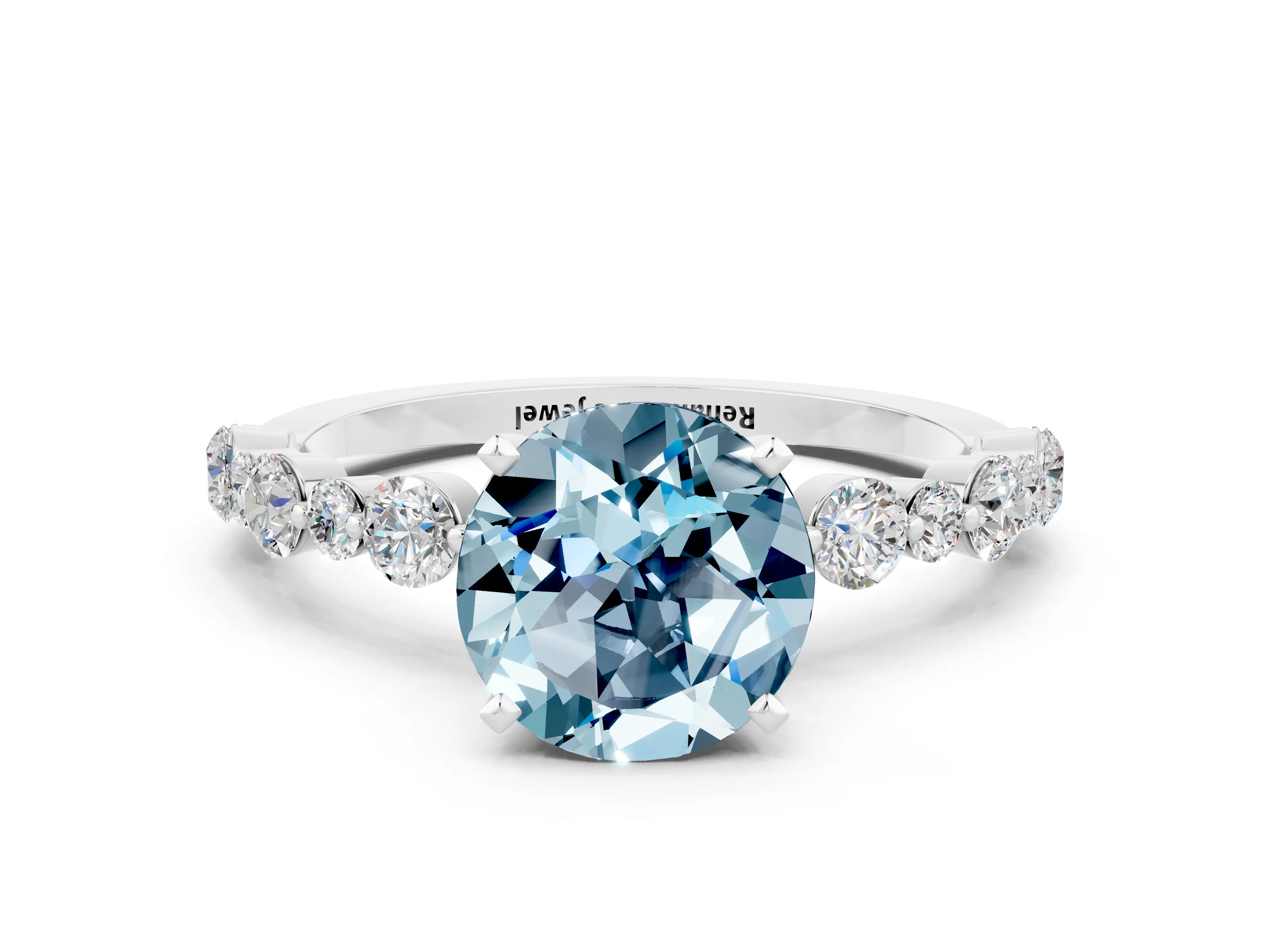 White gold Round Cut Aquamarine Prong Set Engagement Ring with Pavé Band