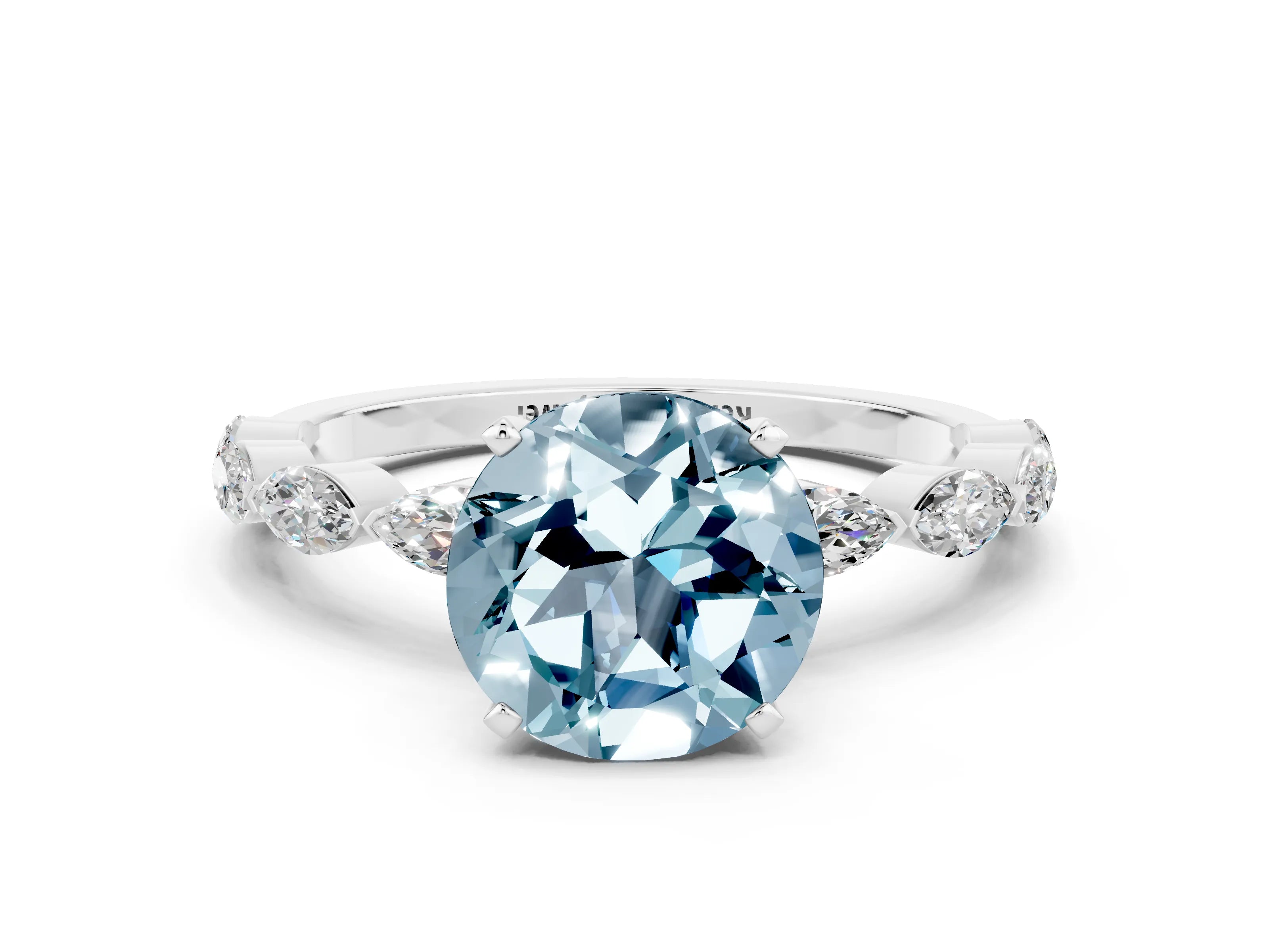 White gold Round Cut Aquamarine Ring with Marquise Side Stones and Prong Setting