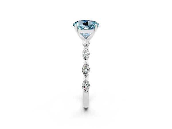 Silver Round Cut Aquamarine Ring with Marquise Side Stones and Prong Setting