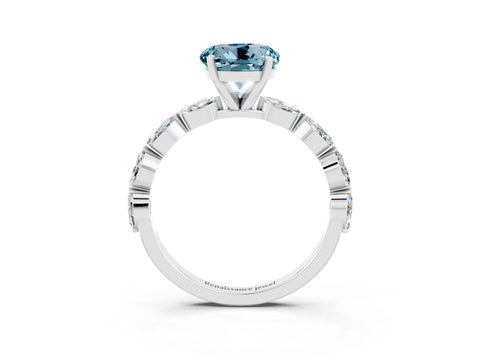White gold Round Cut Aquamarine Ring with Marquise Side Stones and Prong Setting_3