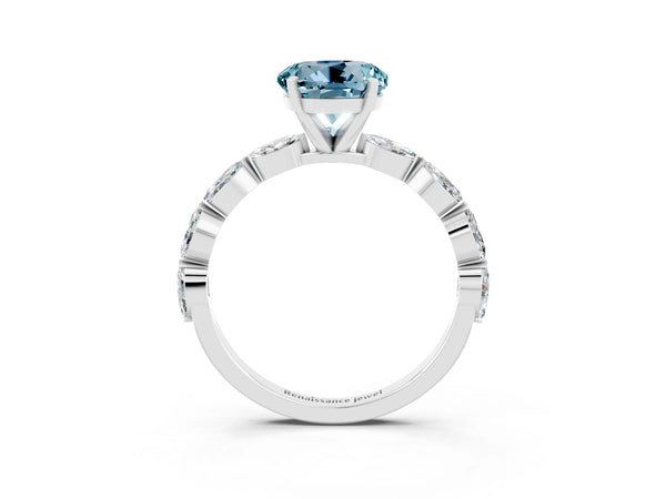 Silver Round Cut Aquamarine Ring with Marquise Side Stones and Prong Setting