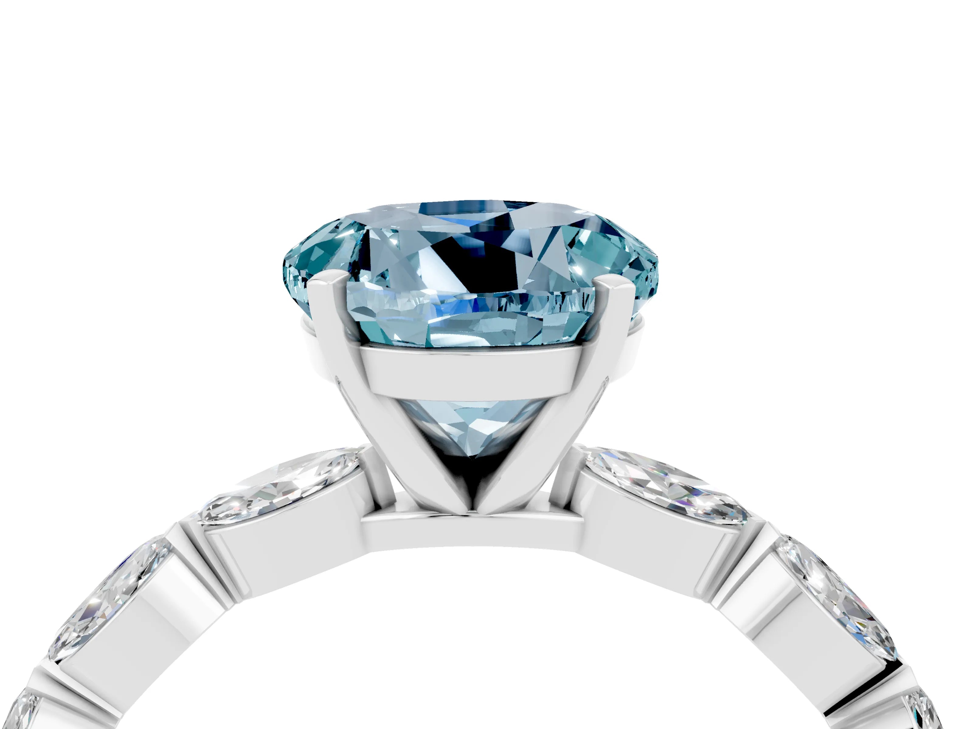 White gold Round Cut Aquamarine Ring with Marquise Side Stones and Prong Setting_4