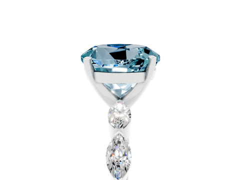 White gold Round Cut Aquamarine Ring with Marquise Side Stones and Prong Setting_5