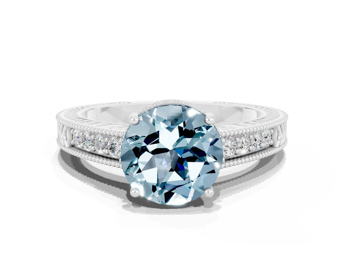 White gold Round Cut Aquamarine Ring with Milgrain Pavé Band and Four-Prong Setting_12