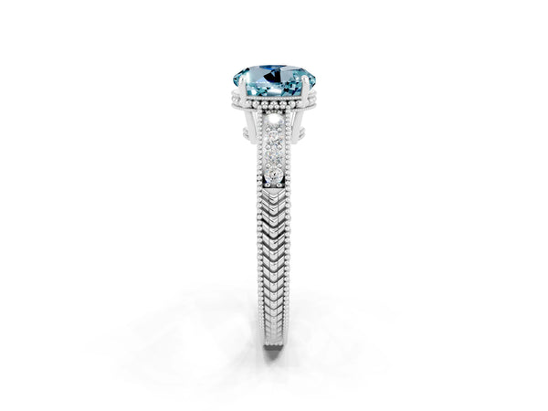Platinum Round Cut Aquamarine Ring with Milgrain Pavé Band and Four-Prong Setting
