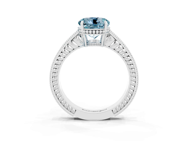 White gold Round Cut Aquamarine Ring with Milgrain Pavé Band and Four-Prong Setting