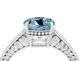 White gold Round Cut Aquamarine Ring with Milgrain Pavé Band and Four-Prong Setting_16