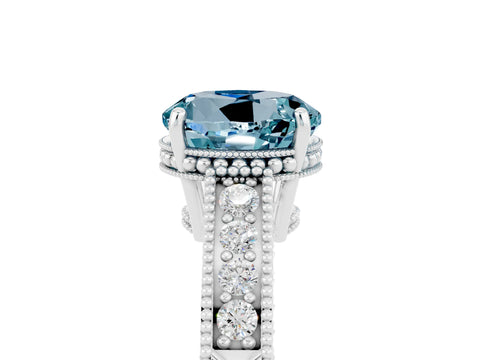 White gold Round Cut Aquamarine Ring with Milgrain Pavé Band and Four-Prong Setting_17