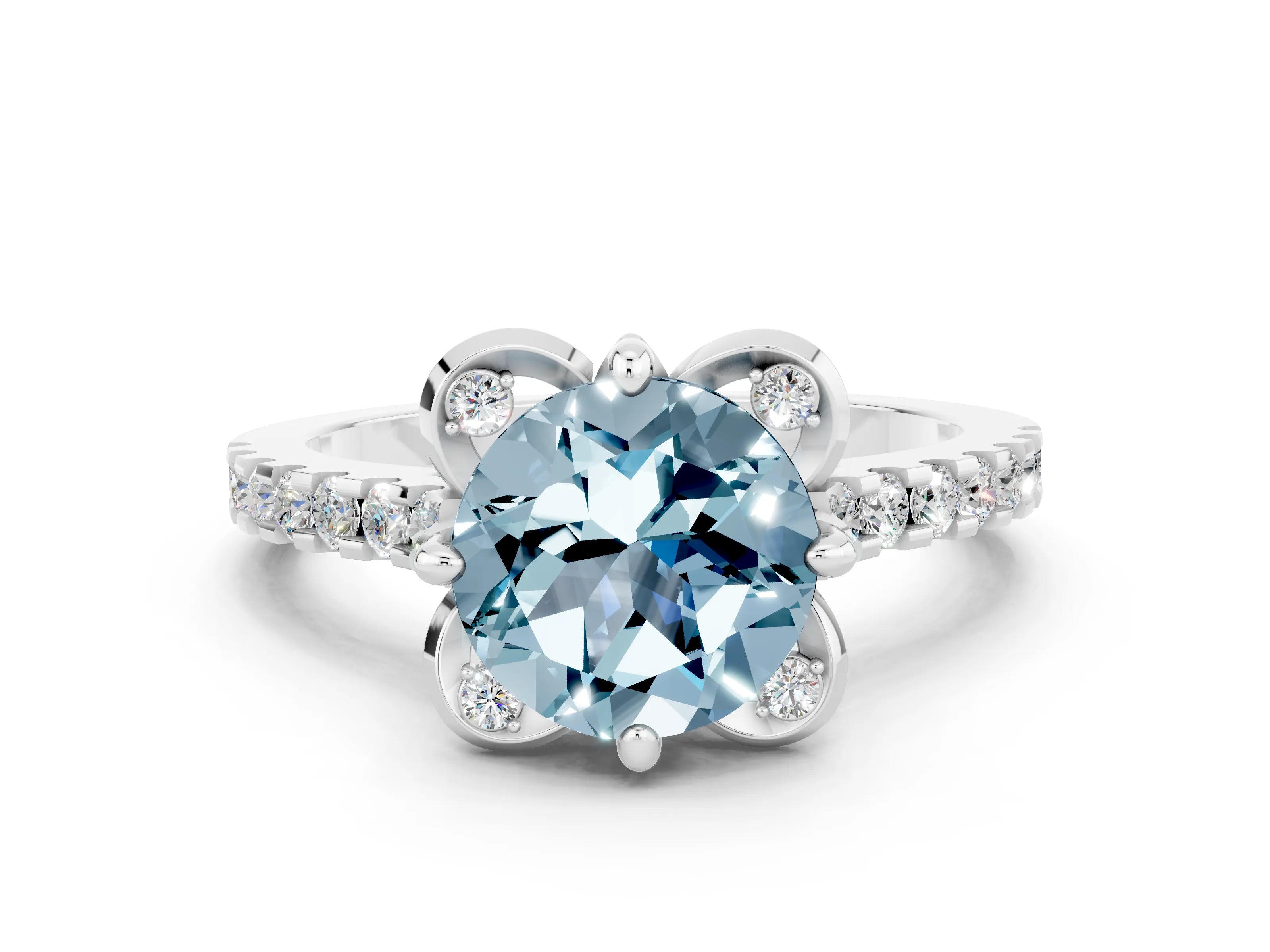White gold Round Cut Aquamarine Ring with Pavé Band and Floral Prong Setting