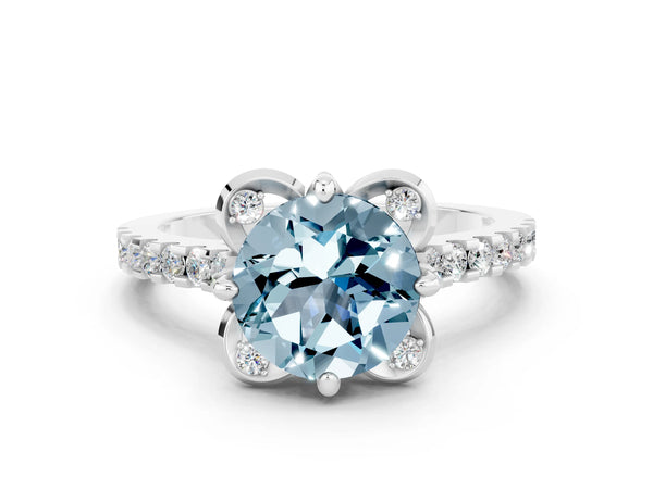 Platinum Round Cut Aquamarine Ring with Pavé Band and Floral Prong Setting