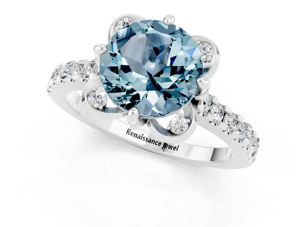 Silver Round Cut Aquamarine Ring with Pavé Band and Floral Prong Setting