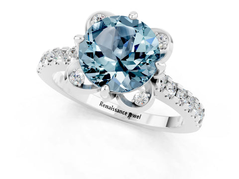White gold Round Cut Aquamarine Ring with Pavé Band and Floral Prong Setting_1