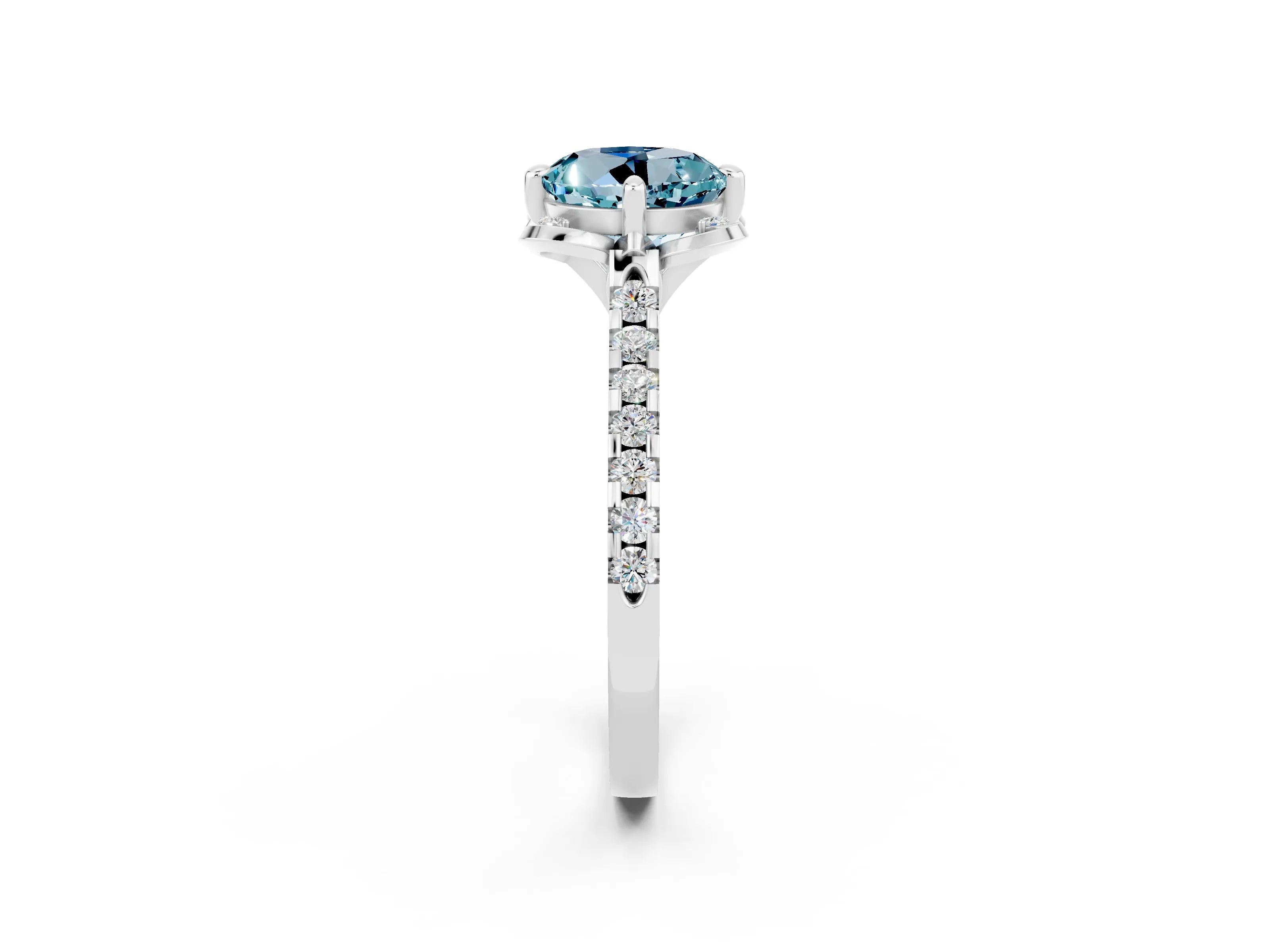 White gold Round Cut Aquamarine Ring with Pavé Band and Floral Prong Setting_2