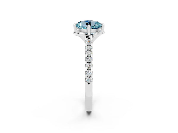White gold Round Cut Aquamarine Ring with Pavé Band and Floral Prong Setting